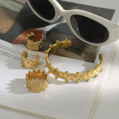 Chunky rhinestone setting stainless steel cuff bangle earrings rings set