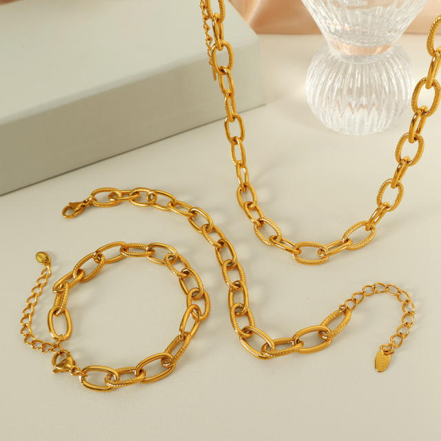 simple jewelry suit plating 18k gold color oval embossed handmade necklace bracelet