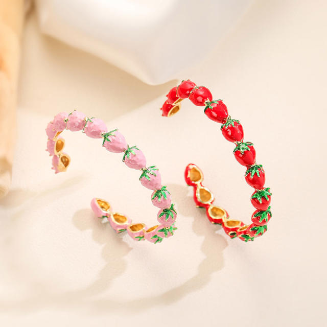 Sweet red pink enamel strawberry gold plated copper cuff bangle