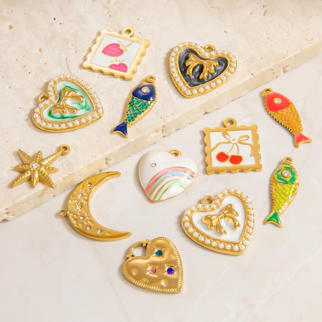 Color enamel heart flower diy jewelry charms stainless steel charms