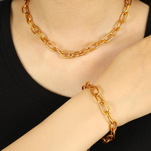 simple jewelry suit plating 18k gold color oval embossed handmade necklace bracelet