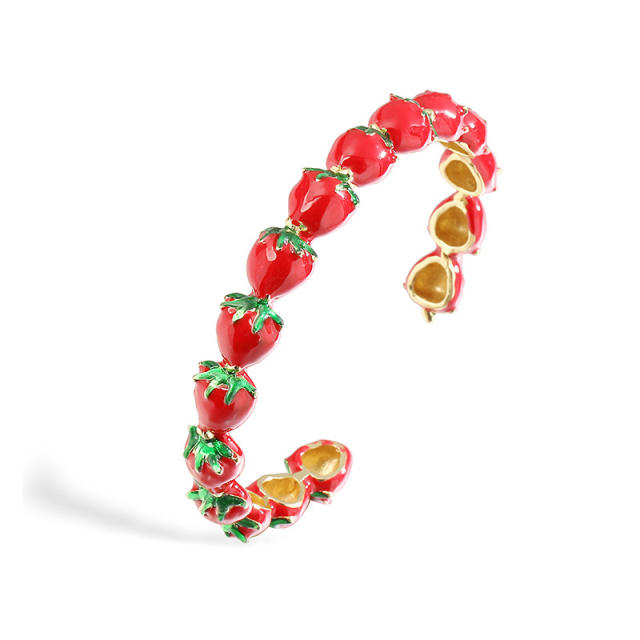 Sweet red pink enamel strawberry gold plated copper cuff bangle