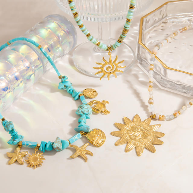 Holiday french trend stainless steel starfish sun charm natural stone necklace