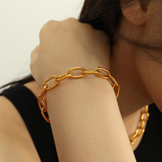simple jewelry suit plating 18k gold color oval embossed handmade necklace bracelet