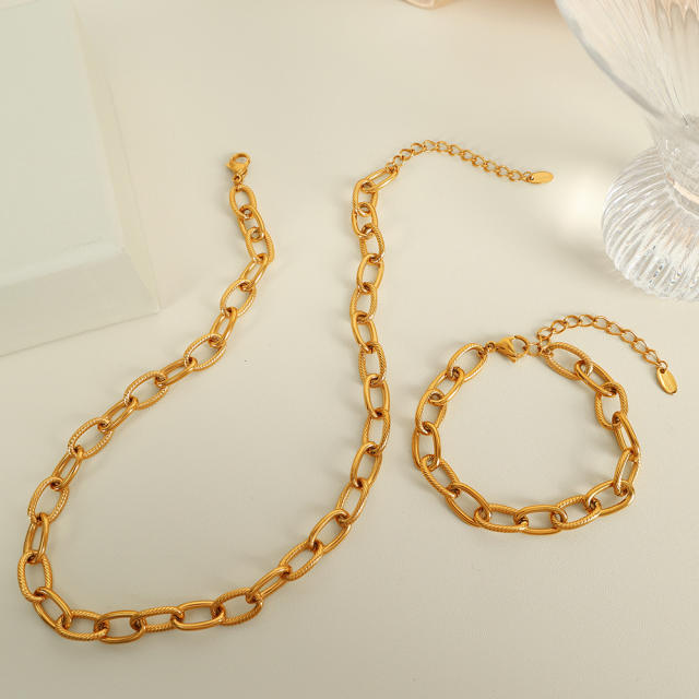 simple jewelry suit plating 18k gold color oval embossed handmade necklace bracelet