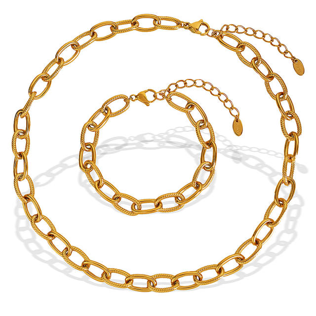 simple jewelry suit plating 18k gold color oval embossed handmade necklace bracelet