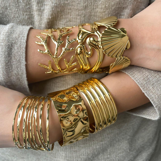 Chunky geometric design stainless steel cuff bangle