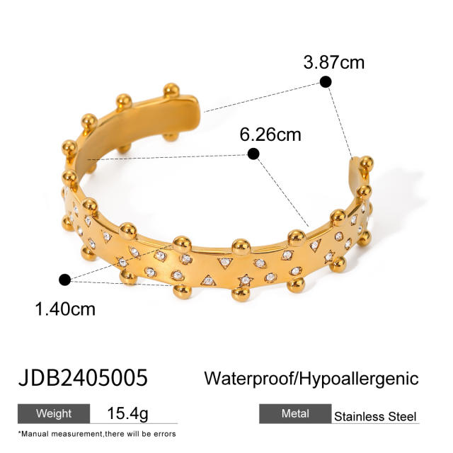 Chunky rhinestone setting stainless steel cuff bangle earrings rings set