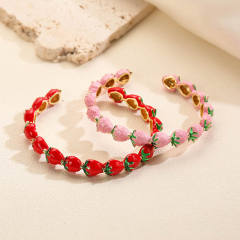 Sweet red pink enamel strawberry gold plated copper cuff bangle
