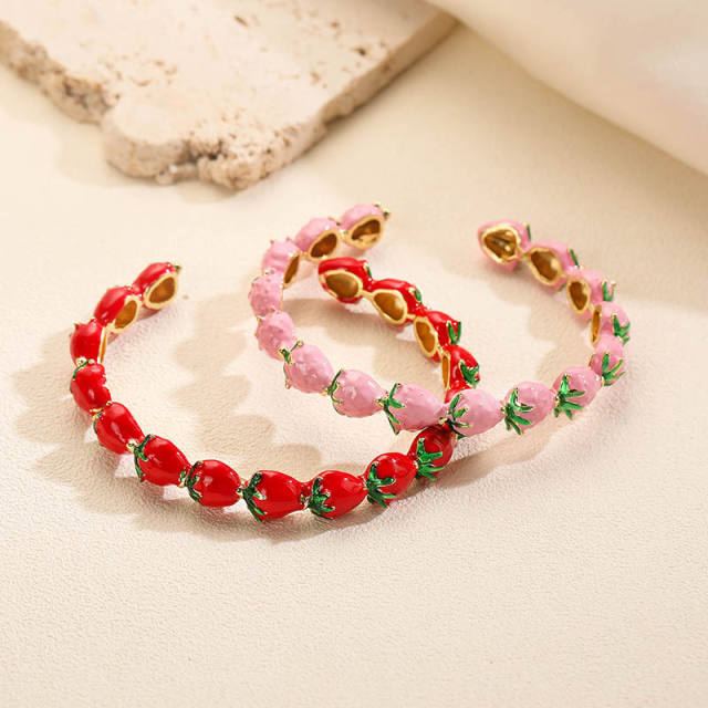 Sweet red pink enamel strawberry gold plated copper cuff bangle