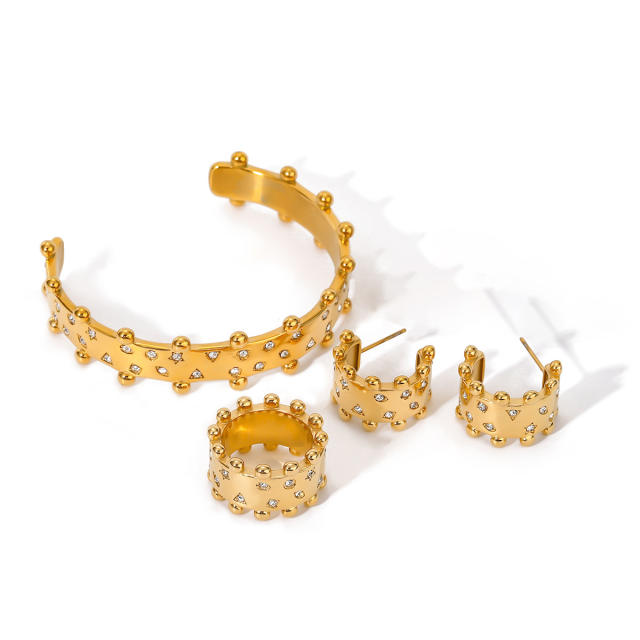 Chunky rhinestone setting stainless steel cuff bangle earrings rings set
