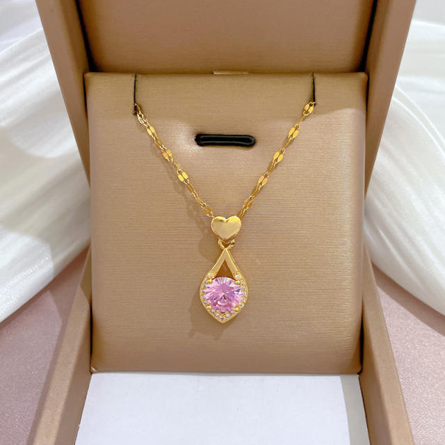 Sweet eye shape blue pink cubic zircon pendant stainless steel chain necklace earrings set