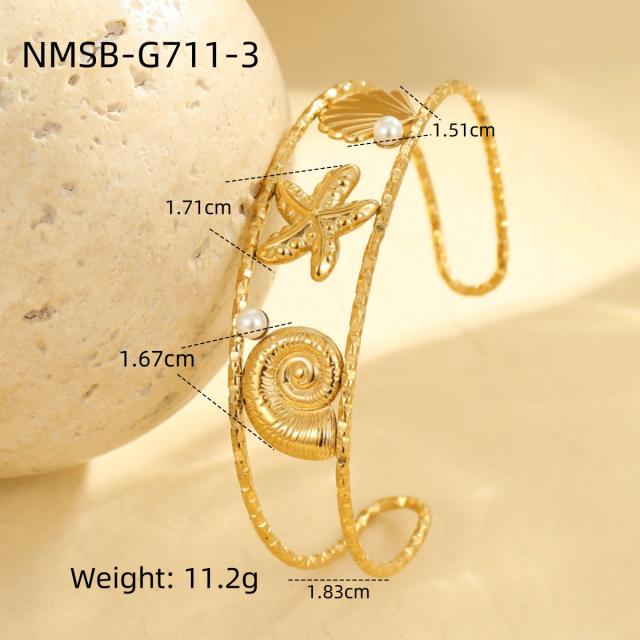 Hollow out starfish shell pearl stainless steel cuff bangle