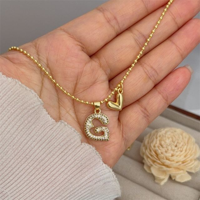 Diamond initial letter heart charm gold plated copper necklace