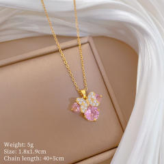 Sweet pink cubic zircon mickey head pendant stainless steel chain necklace earrings set