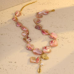 Beach style pink shell beaded stainless steel conch pearl pendant necklace