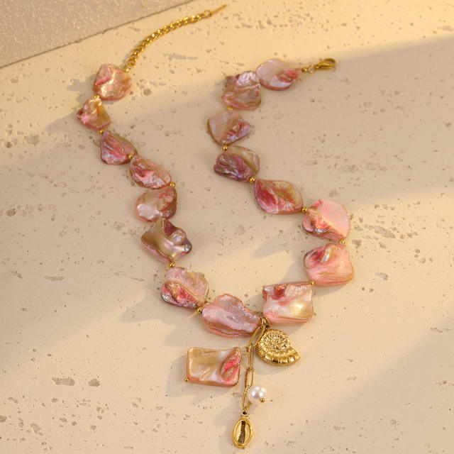 Beach style pink shell beaded stainless steel conch pearl pendant necklace