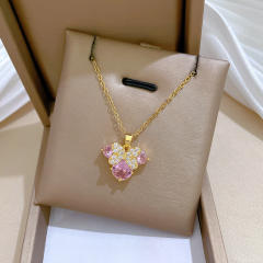 Sweet pink cubic zircon mickey head pendant stainless steel chain necklace earrings set