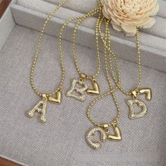 Diamond initial letter heart charm gold plated copper necklace