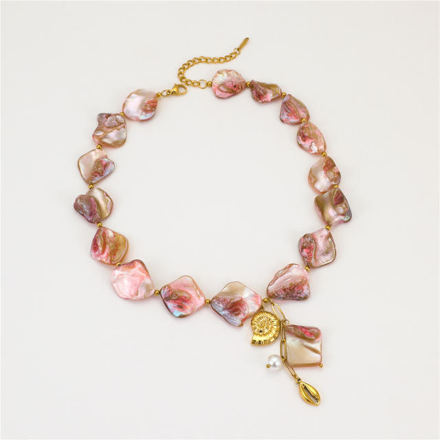 Beach style pink shell beaded stainless steel conch pearl pendant necklace