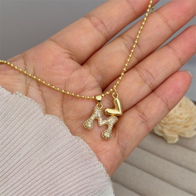 Diamond initial letter heart charm gold plated copper necklace