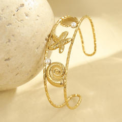 Hollow out starfish shell pearl stainless steel cuff bangle