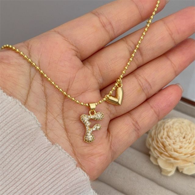 Diamond initial letter heart charm gold plated copper necklace
