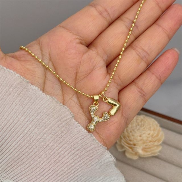 Diamond initial letter heart charm gold plated copper necklace