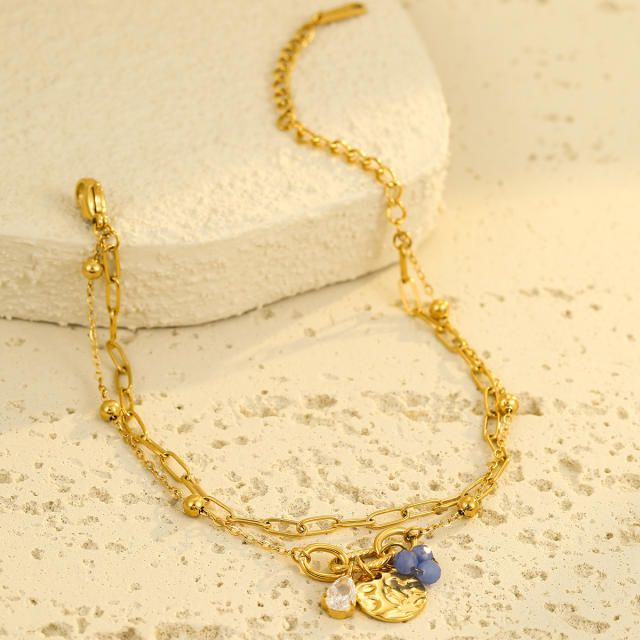Boho coin cubic zircon charm stainless steel bracelet chain bracelet