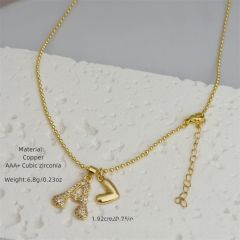 Diamond initial letter heart charm gold plated copper necklace