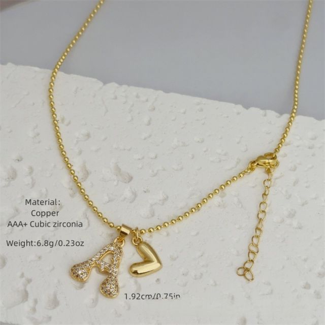 Diamond initial letter heart charm gold plated copper necklace