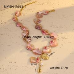 Beach style pink shell beaded stainless steel conch pearl pendant necklace