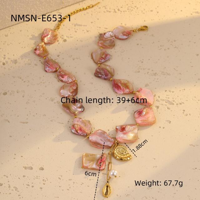 Beach style pink shell beaded stainless steel conch pearl pendant necklace