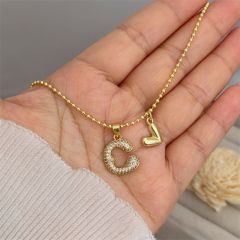 Diamond initial letter heart charm gold plated copper necklace