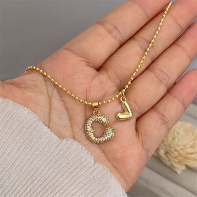 Diamond initial letter heart charm gold plated copper necklace
