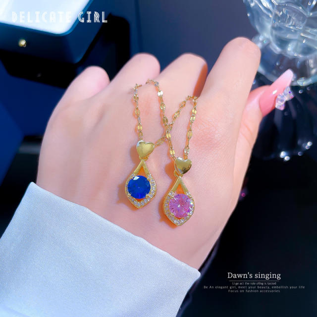 Sweet eye shape blue pink cubic zircon pendant stainless steel chain necklace earrings set