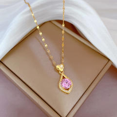 Sweet eye shape blue pink cubic zircon pendant stainless steel chain necklace earrings set