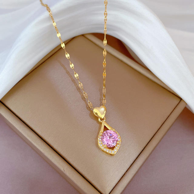 Sweet eye shape blue pink cubic zircon pendant stainless steel chain necklace earrings set