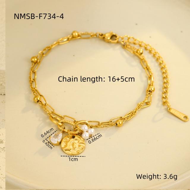 Boho coin cubic zircon charm stainless steel bracelet chain bracelet