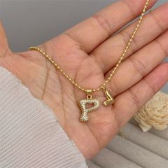 Diamond initial letter heart charm gold plated copper necklace