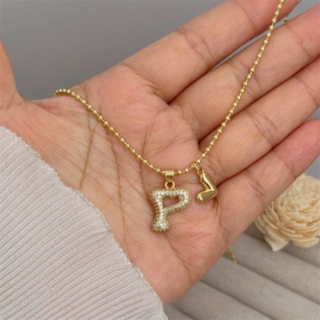 Diamond initial letter heart charm gold plated copper necklace