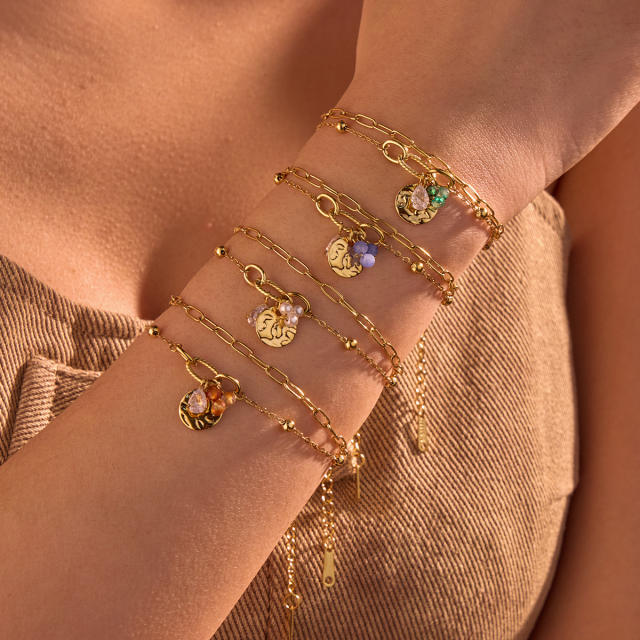 Boho coin cubic zircon charm stainless steel bracelet chain bracelet