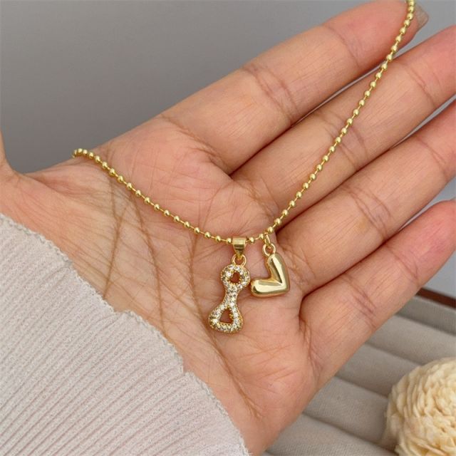 Diamond initial letter heart charm gold plated copper necklace