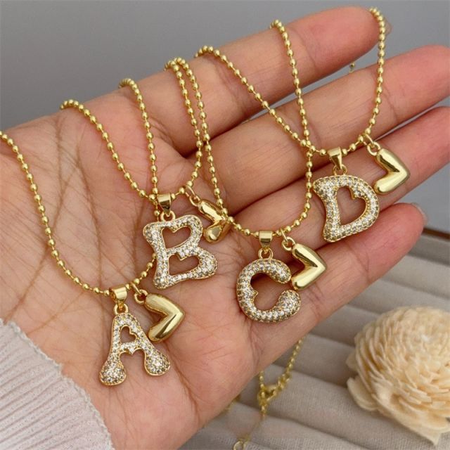 Diamond initial letter heart charm gold plated copper necklace