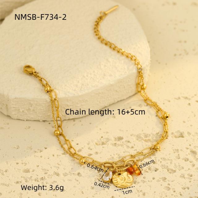 Boho coin cubic zircon charm stainless steel bracelet chain bracelet