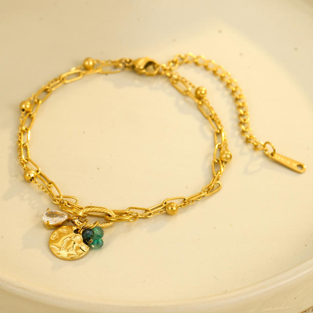 Boho coin cubic zircon charm stainless steel bracelet chain bracelet