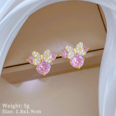 Sweet pink cubic zircon mickey head pendant stainless steel chain necklace earrings set