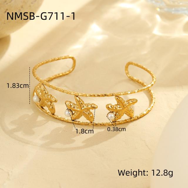Hollow out starfish shell pearl stainless steel cuff bangle