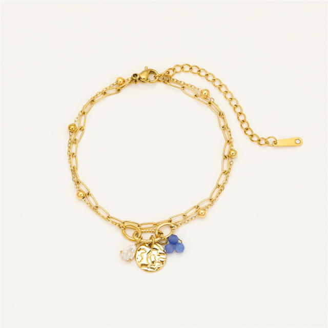 Boho coin cubic zircon charm stainless steel bracelet chain bracelet