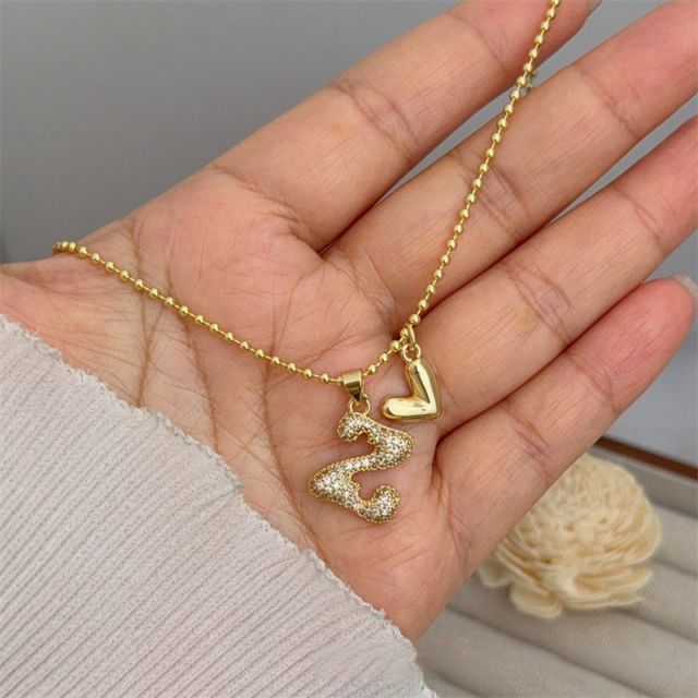 Diamond initial letter heart charm gold plated copper necklace